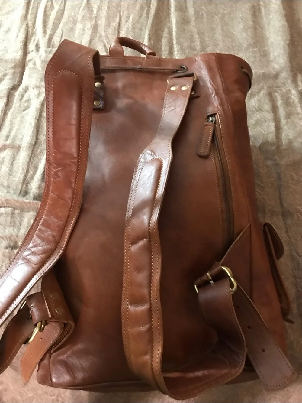 Classic Brown Leather Backpack with Front Buckle Pockets